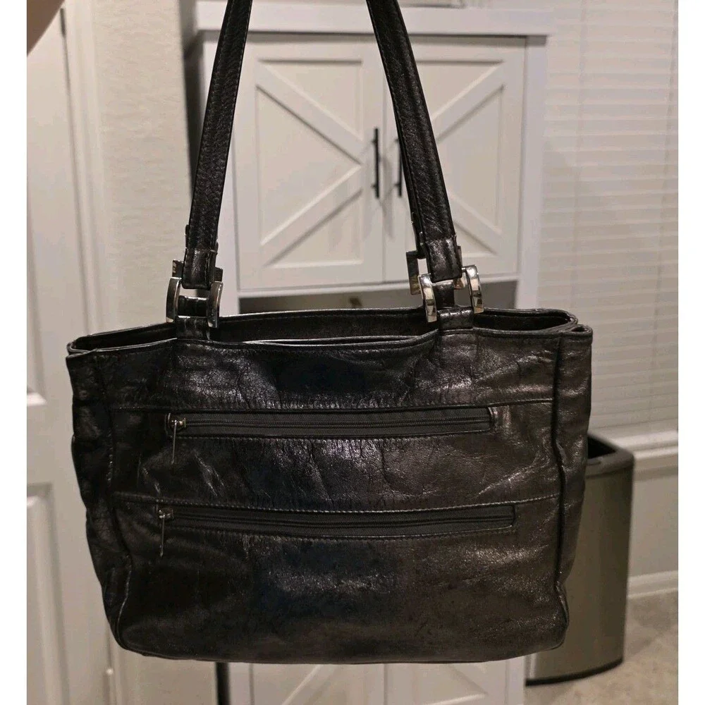 Vintage SHS Metallic Black Textured Leather Multi-Zip Shoulder Bag